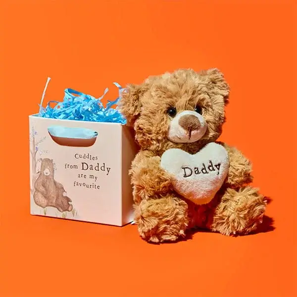 A soft plush teddy bear holding a heart embroidered with Daddy sits beside a gift bag filled with blue paper shred, illustrated with a message reading Cuddles from Daddy are my favourite, displayed against a bright orange background.